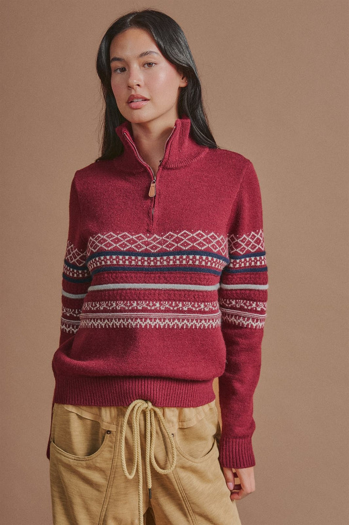 Fair Isle Quarter Zip Sweater Wool Blend with Leather Pull T in Burgundy - Women's Wholesale Cardigans & Shrugs | Trend Notes