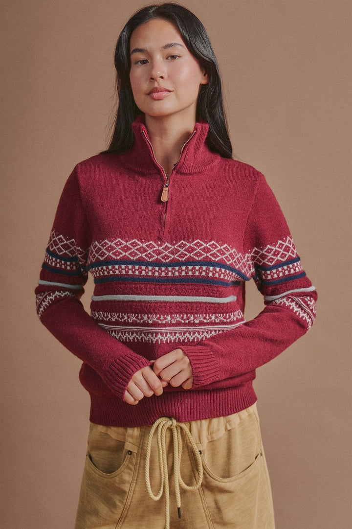 Fair Isle Quarter Zip Sweater Wool Blend with Leather Pull T in Burgundy - Women's Wholesale Cardigans & Shrugs | Trend Notes