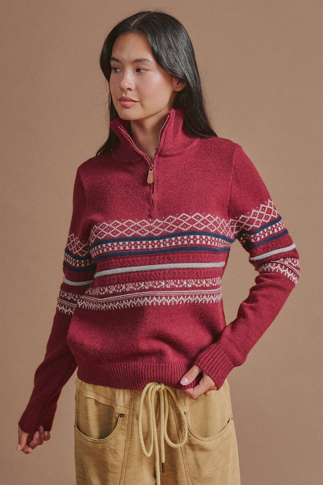Fair Isle Quarter Zip Sweater Wool Blend with Leather Pull T in Burgundy - Women's Wholesale Cardigans & Shrugs | Trend Notes