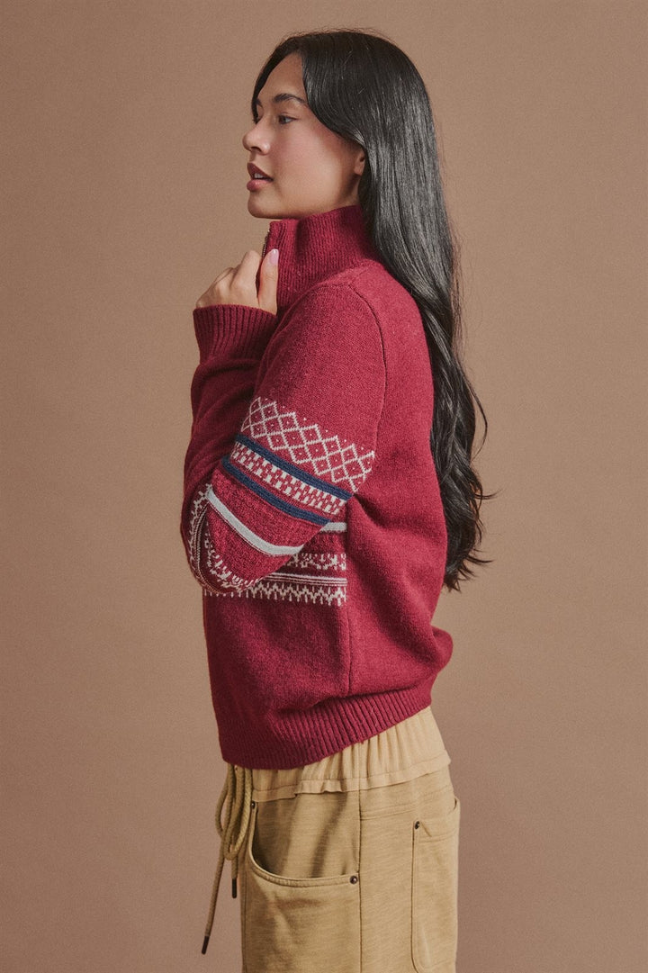 Fair Isle Quarter Zip Sweater Wool Blend with Leather Pull T in Burgundy - Women's Wholesale Cardigans & Shrugs | Trend Notes