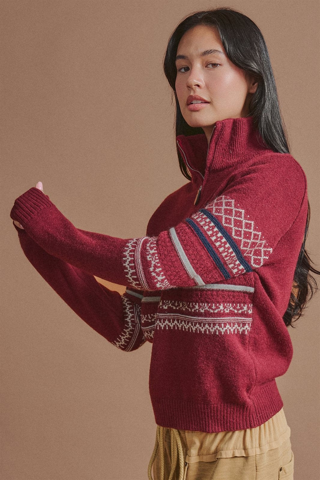 Fair Isle Quarter Zip Sweater Wool Blend with Leather Pull T in Burgundy - Women's Wholesale Cardigans & Shrugs | Trend Notes