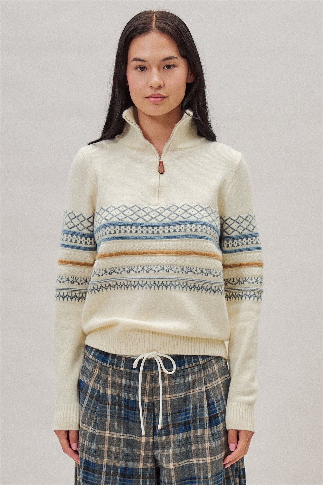 Fair Isle Quarter Zip Sweater Wool Blend with Leather Pull T in Burgundy - Women's Wholesale Cardigans & Shrugs | Trend Notes