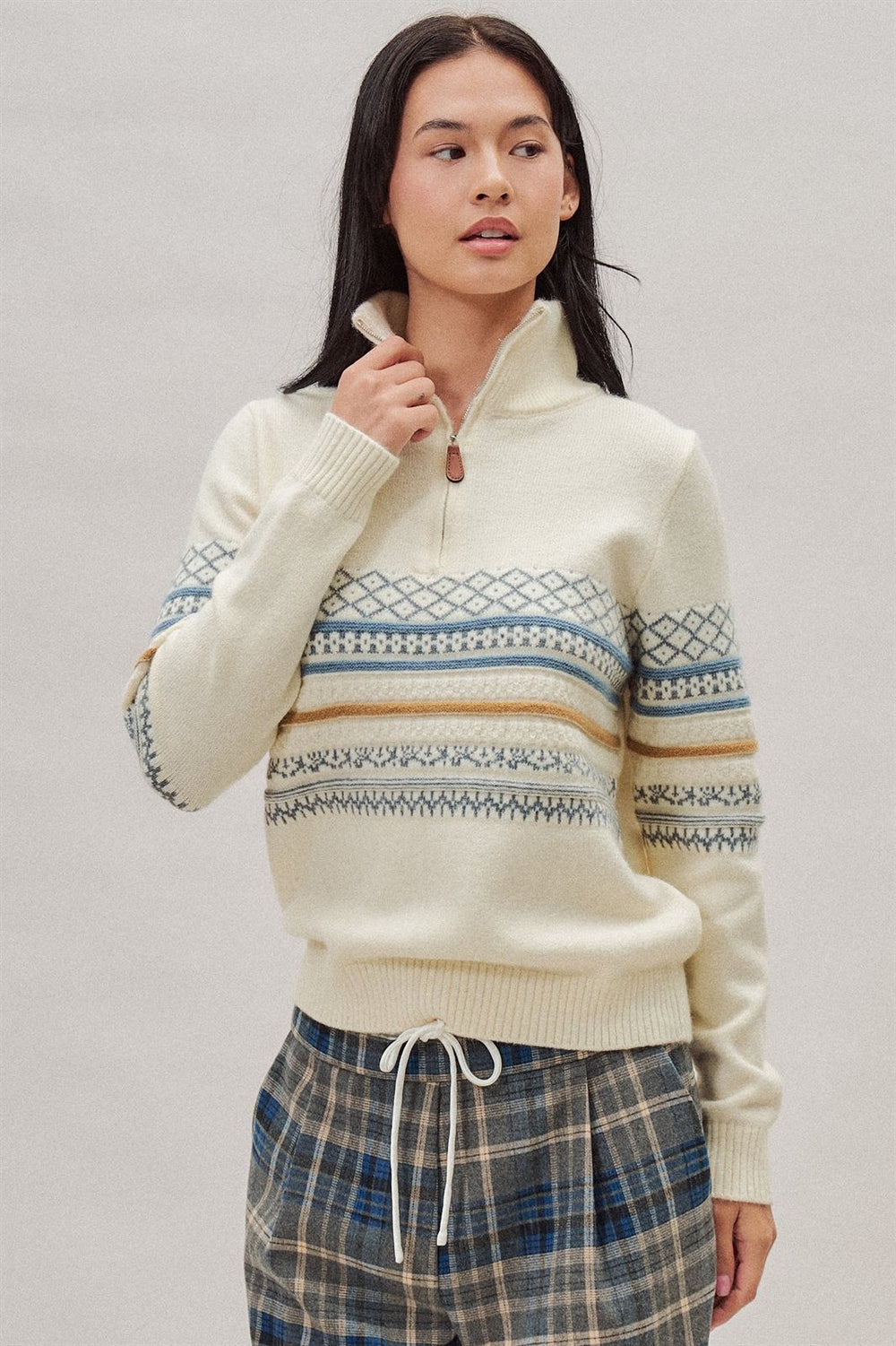 Fair Isle Quarter Zip Sweater Wool Blend with Leather Pull T in Ivory - Women's Wholesale Cardigans & Shrugs | Trend Notes