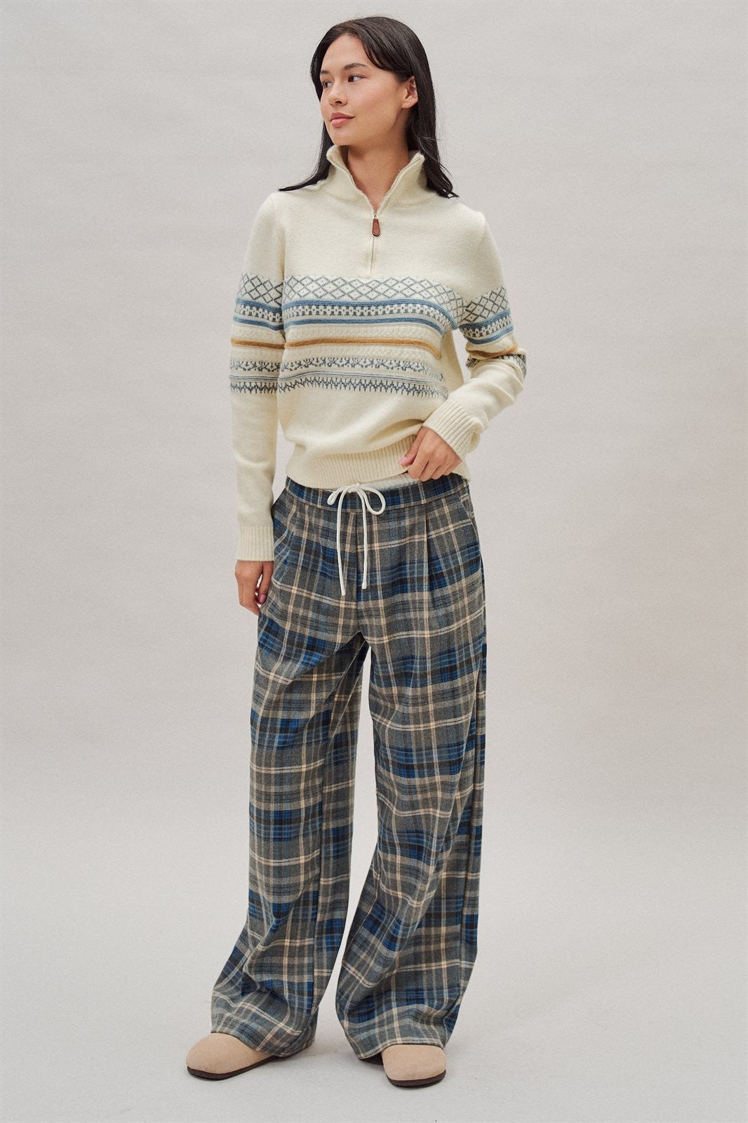 Fair Isle Quarter Zip Sweater Wool Blend with Leather Pull T in Ivory - Women's Wholesale Cardigans & Shrugs | Trend Notes