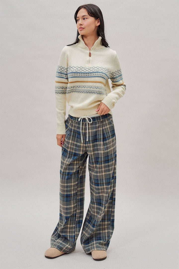 Fair Isle Quarter Zip Sweater Wool Blend with Leather Pull T in Ivory - Women's Wholesale Cardigans & Shrugs | Trend Notes