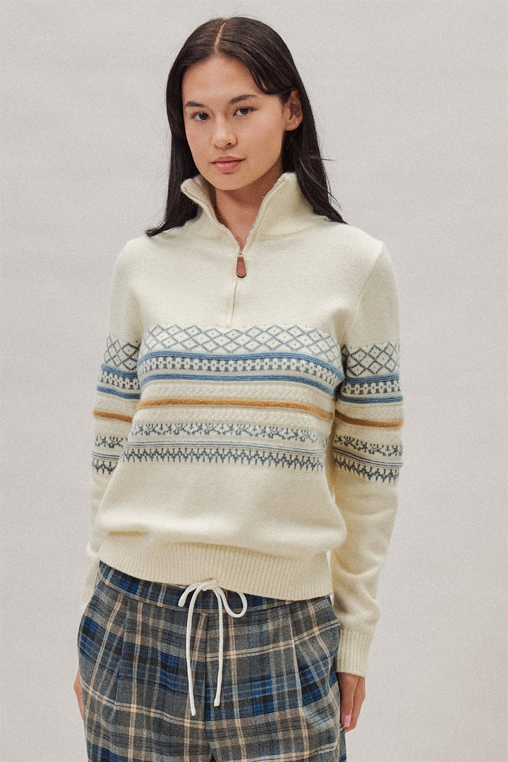 Fair Isle Quarter Zip Sweater Wool Blend with Leather Pull T in Ivory - Women's Wholesale Cardigans & Shrugs | Trend Notes