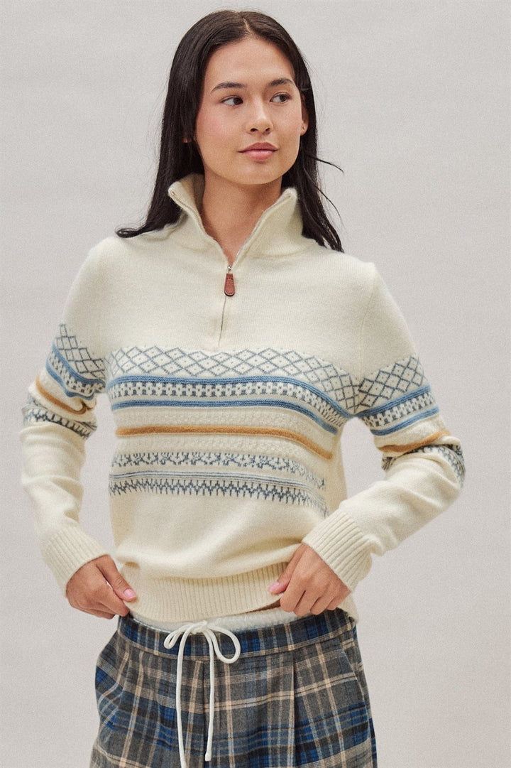 Fair Isle Quarter Zip Sweater Wool Blend with Leather Pull T in Ivory - Women's Wholesale Cardigans & Shrugs | Trend Notes
