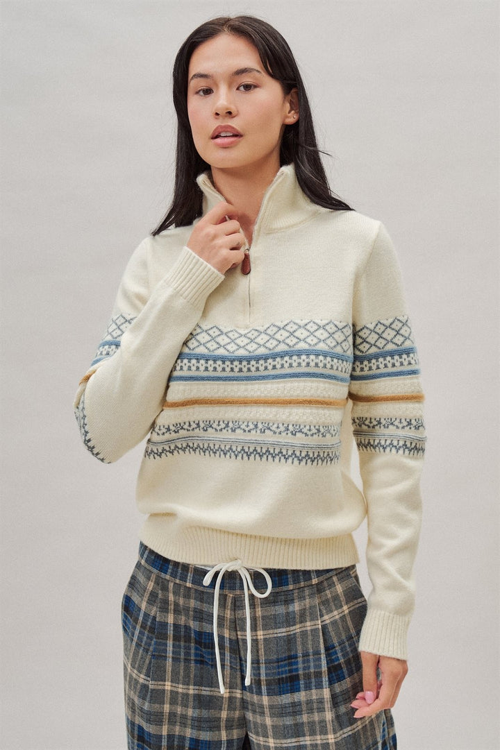 Fair Isle Quarter Zip Sweater Wool Blend with Leather Pull T in Ivory - Women's Wholesale Cardigans & Shrugs | Trend Notes
