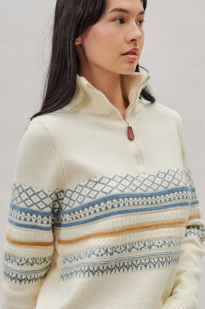 Fair Isle Quarter Zip Sweater Wool Blend with Leather Pull T in Ivory - Women's Wholesale Cardigans & Shrugs | Trend Notes