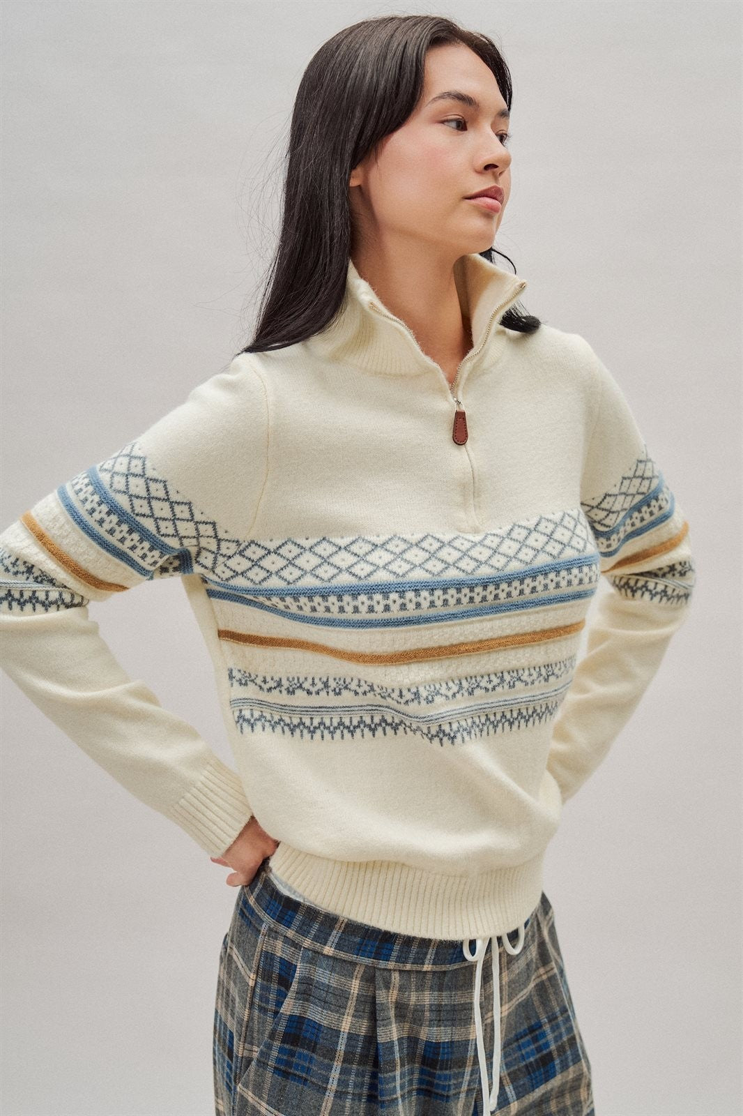 Fair Isle Quarter Zip Sweater Wool Blend with Leather Pull T in Ivory - Women's Wholesale Cardigans & Shrugs | Trend Notes
