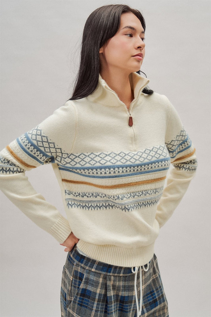 Fair Isle Quarter Zip Sweater Wool Blend with Leather Pull T in Ivory - Women's Wholesale Cardigans & Shrugs | Trend Notes