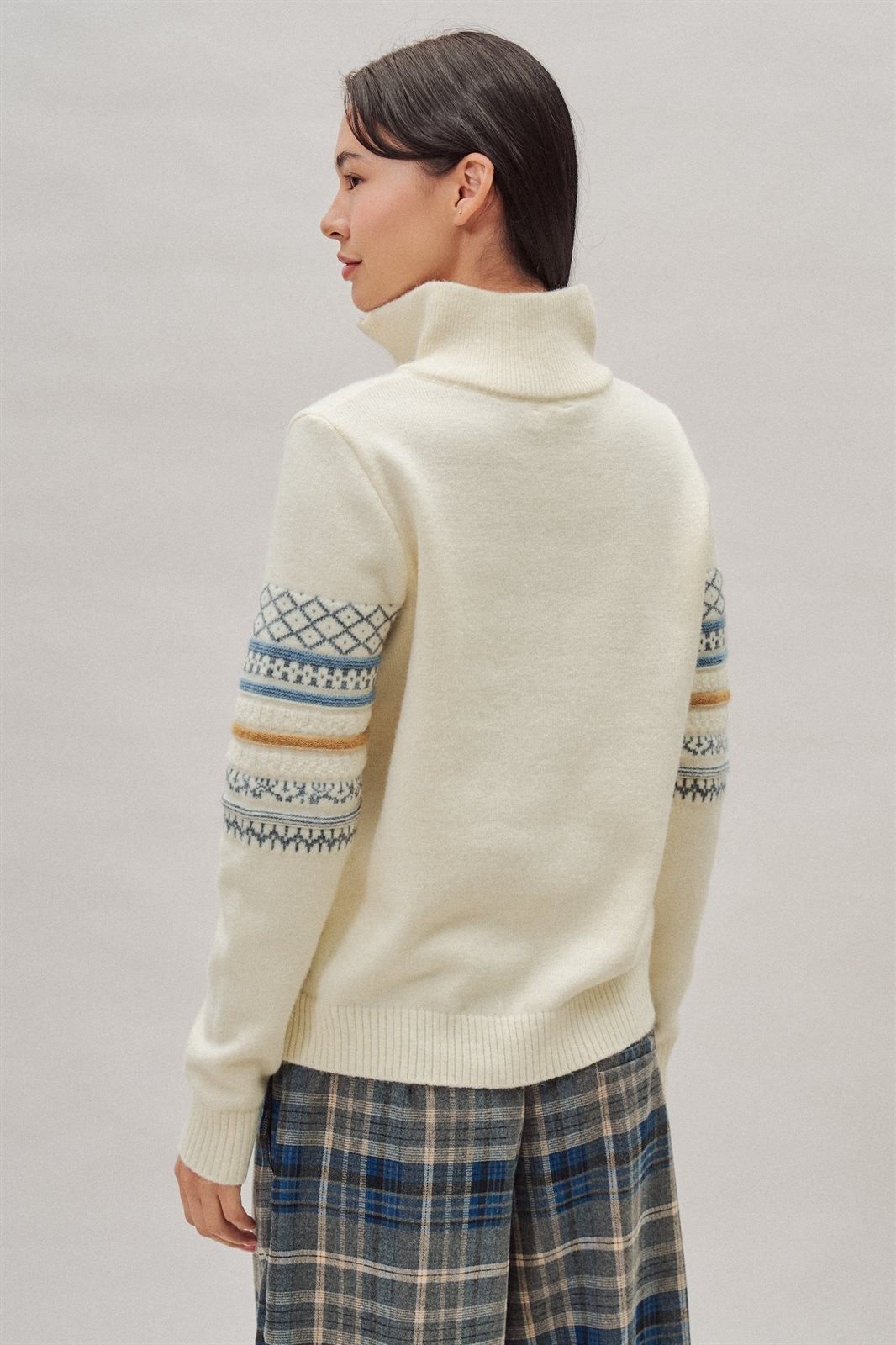 Fair Isle Quarter Zip Sweater Wool Blend with Leather Pull T in Ivory - Women's Wholesale Cardigans & Shrugs | Trend Notes