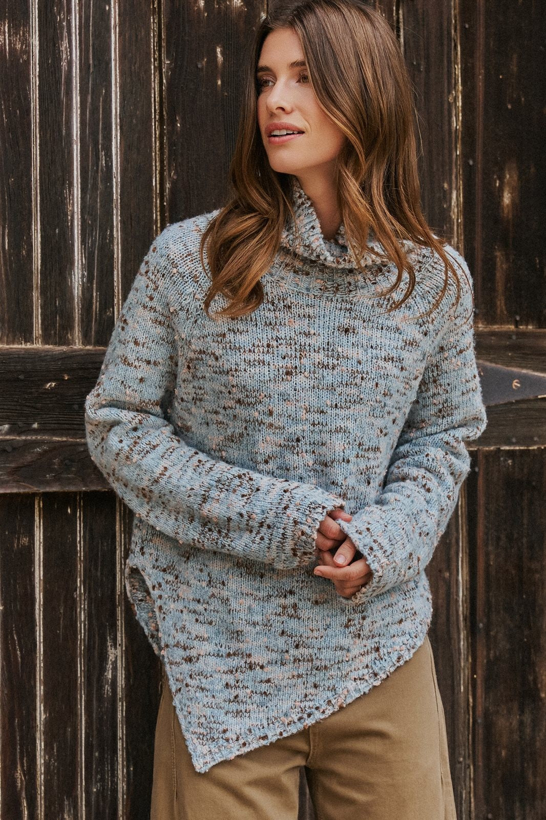 Chunky Knit Mock Neck Oversized Poncho Sweater in Blue - Women's Wholesale Sweaters | Trend Notes