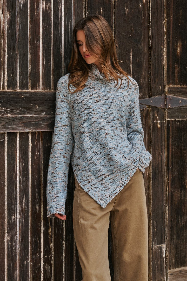 Chunky Knit Mock Neck Oversized Poncho Sweater in Blue - Women's Wholesale Sweaters | Trend Notes