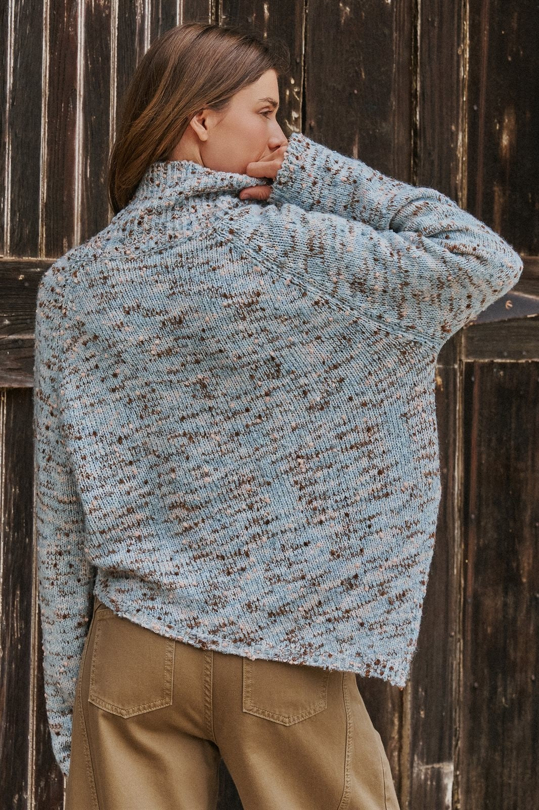 Chunky Knit Mock Neck Oversized Poncho Sweater in Blue - Women's Wholesale Sweaters | Trend Notes