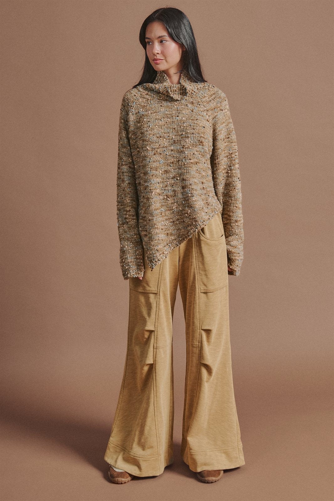 Chunky Knit Mock Neck Oversized Poncho Sweater in Brown - Women's Wholesale Sweaters | Trend Notes