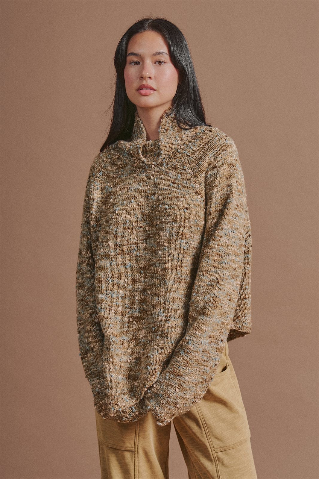 Chunky Knit Mock Neck Oversized Poncho Sweater in Brown - Women's Wholesale Sweaters | Trend Notes