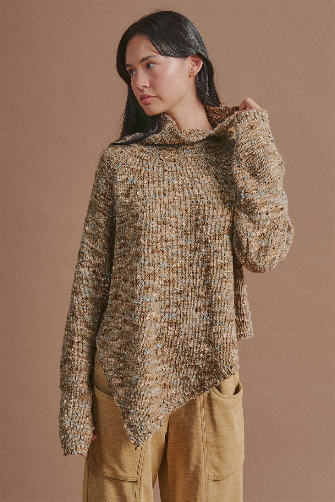Chunky Knit Mock Neck Oversized Poncho Sweater in Brown - Women's Wholesale Sweaters | Trend Notes