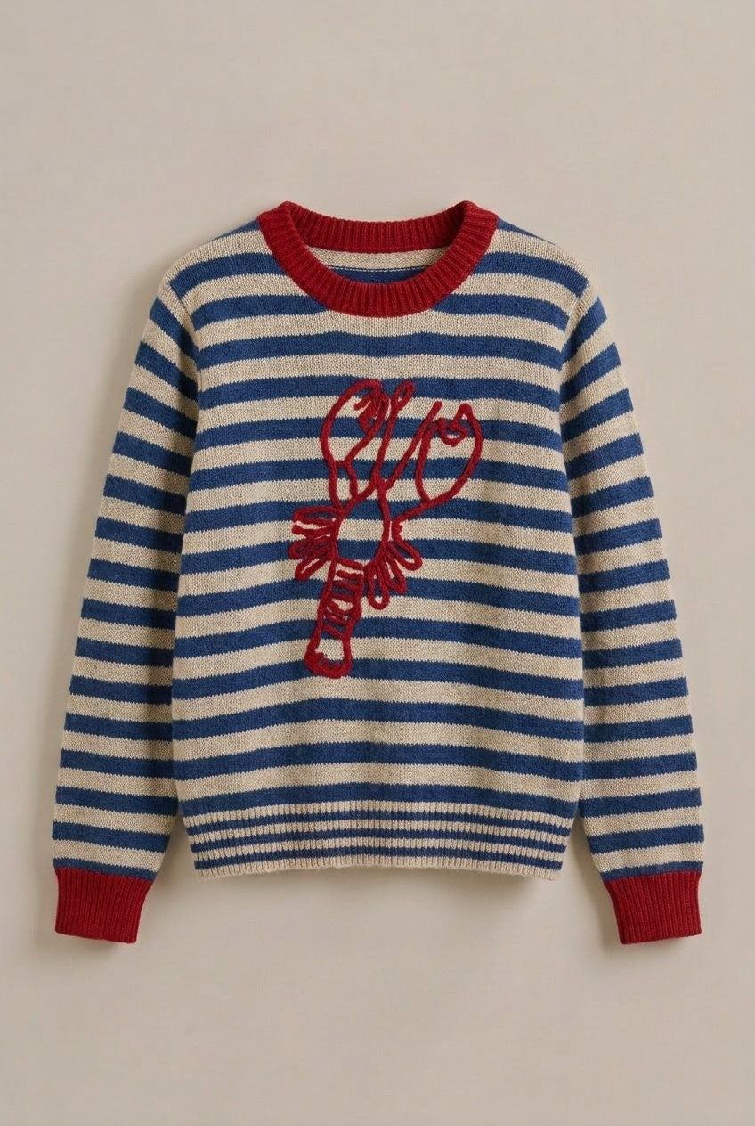 Lobster Embroidered Striped Sweater in Nautical Navy in Ivory/navy - Women's Wholesale Sweaters | Trend Notes