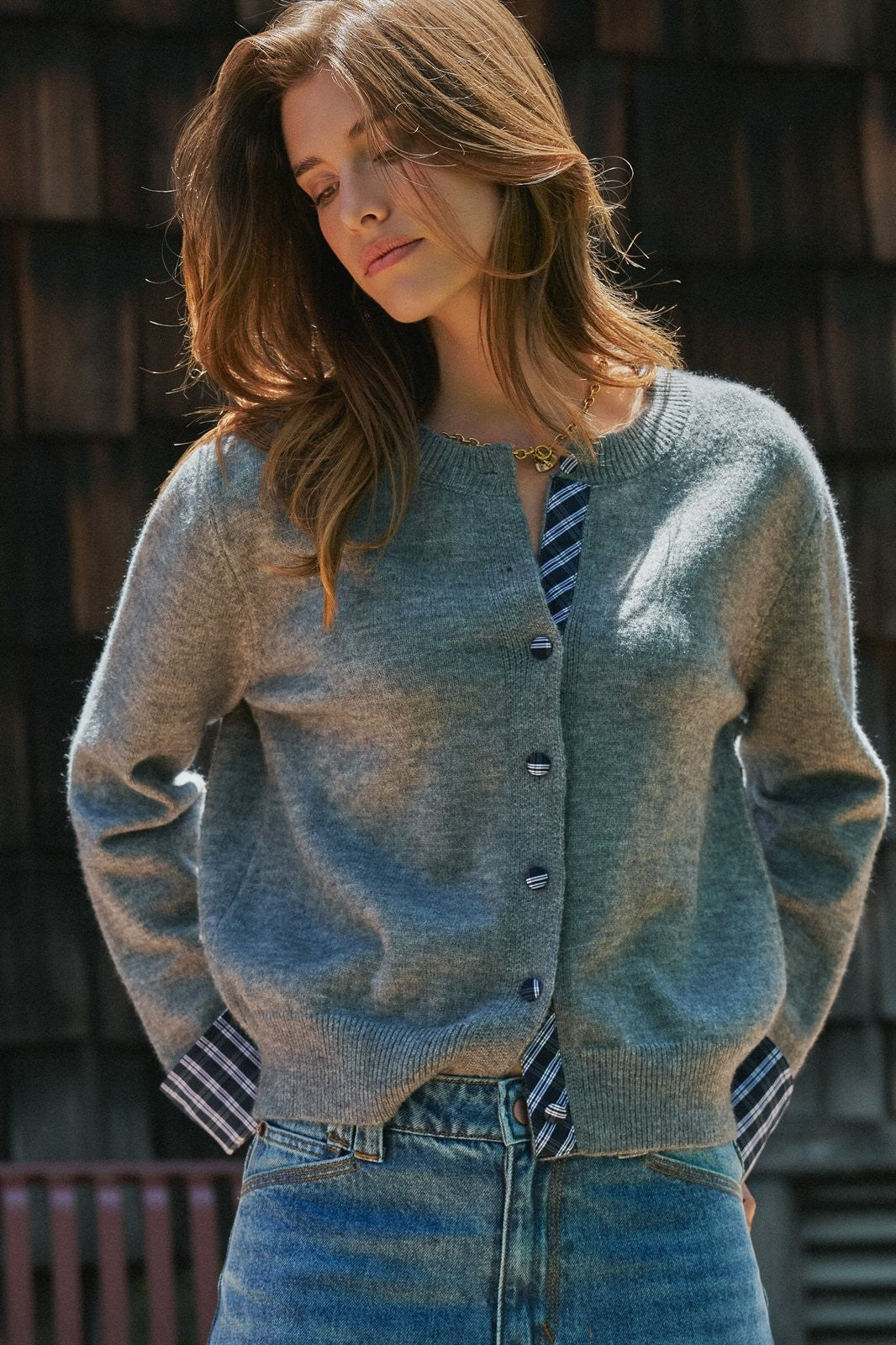 Plaid Shirt Trim Button Front Cardigan in Grey - Women's Wholesale Cardigans & Shrugs | Trend Notes