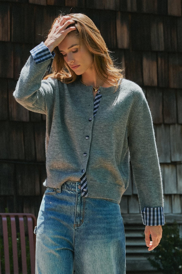 Plaid Shirt Trim Button Front Cardigan in Grey - Women's Wholesale Cardigans & Shrugs | Trend Notes