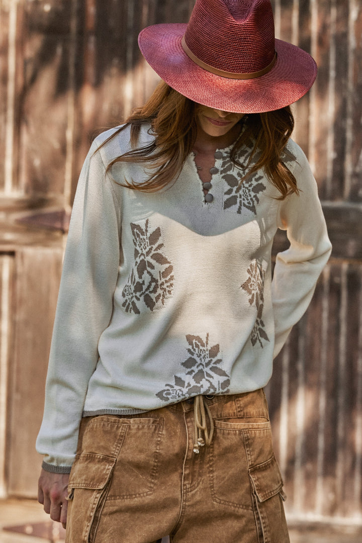 Floral Knit Henley Sweater With Button Placket in Ivory - Women's Wholesale Sweaters | Trend Notes