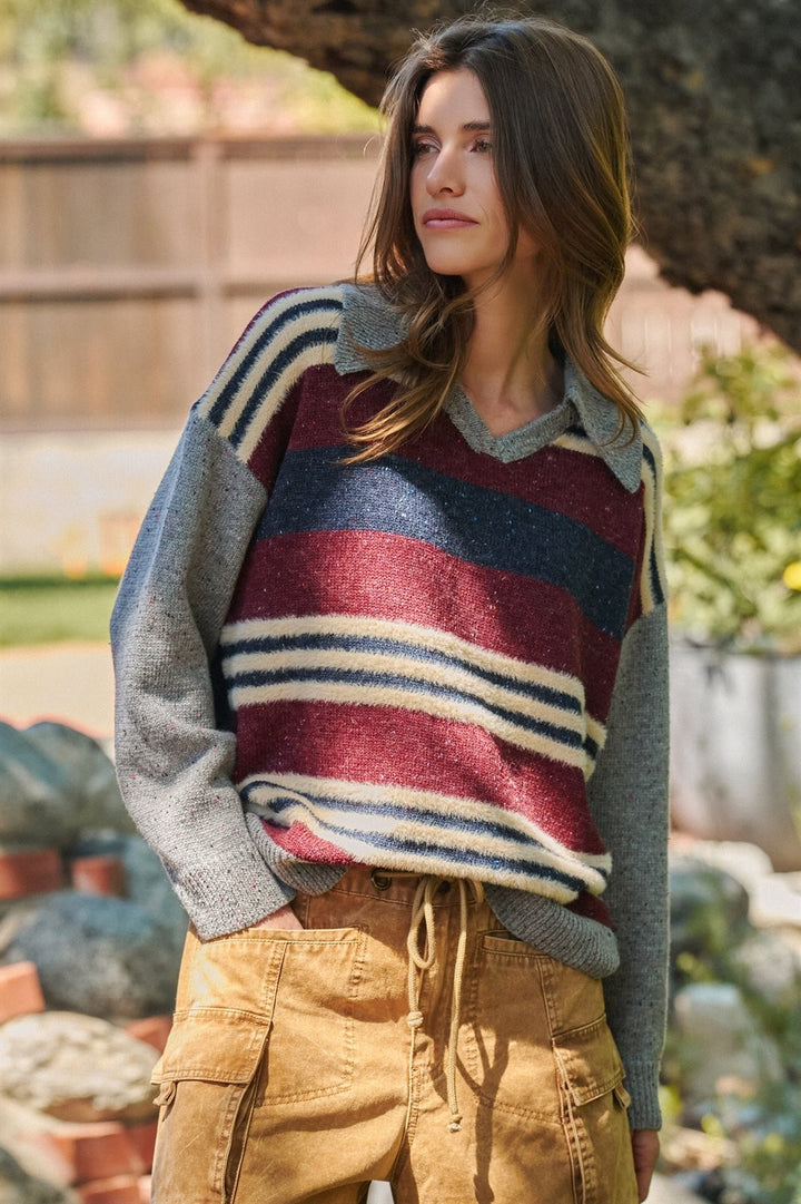 Striped Collared Rugby Sweater With Fuzzy Knit in Burgundy - Women's Wholesale Sweaters | Trend Notes