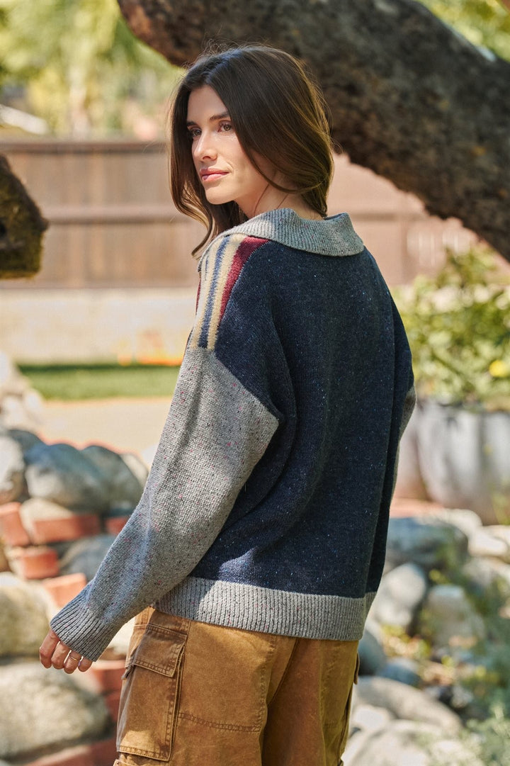 Striped Collared Rugby Sweater With Fuzzy Knit in Burgundy - Women's Wholesale Sweaters | Trend Notes