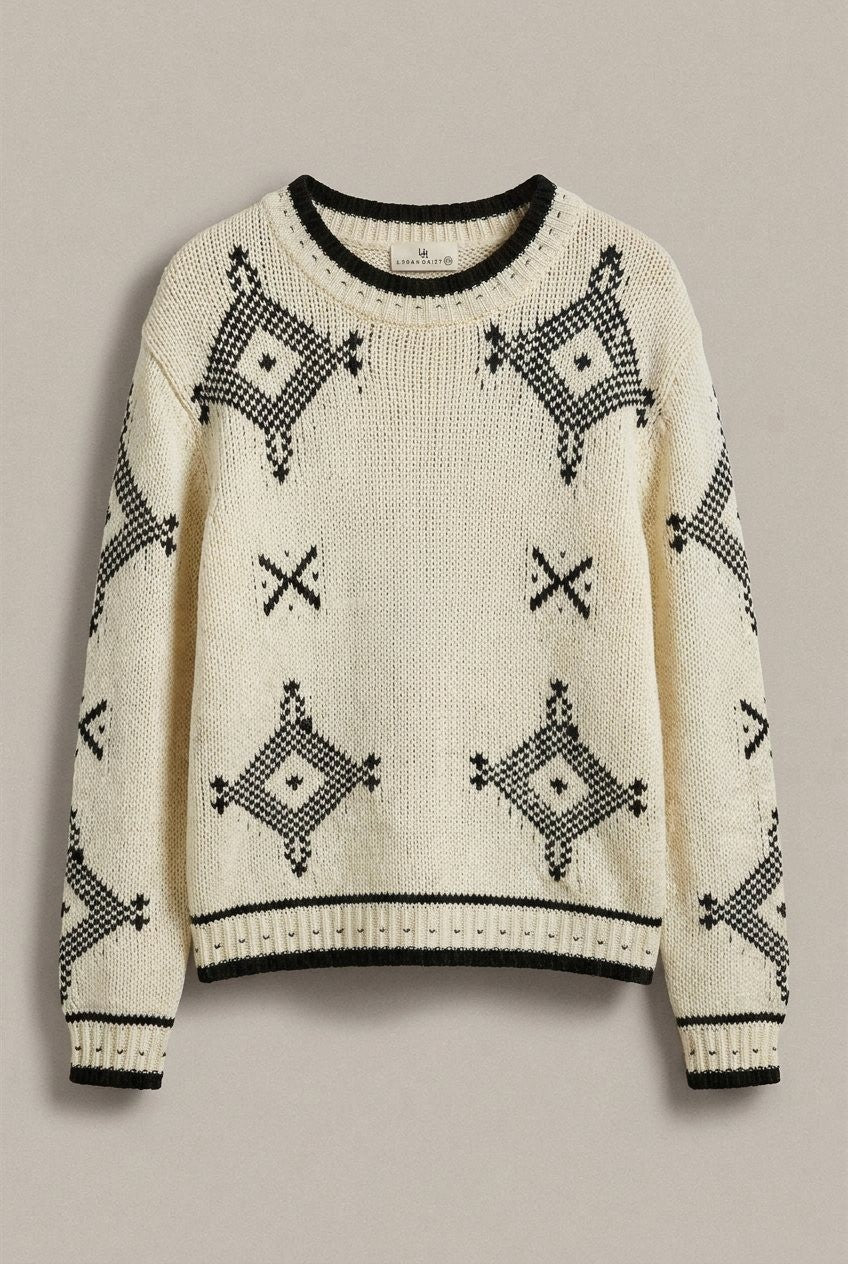 Geometric Diamond Pattern Chunky Knit Crewneck Sweater in Ivory - Women's Wholesale Sweaters | Trend Notes