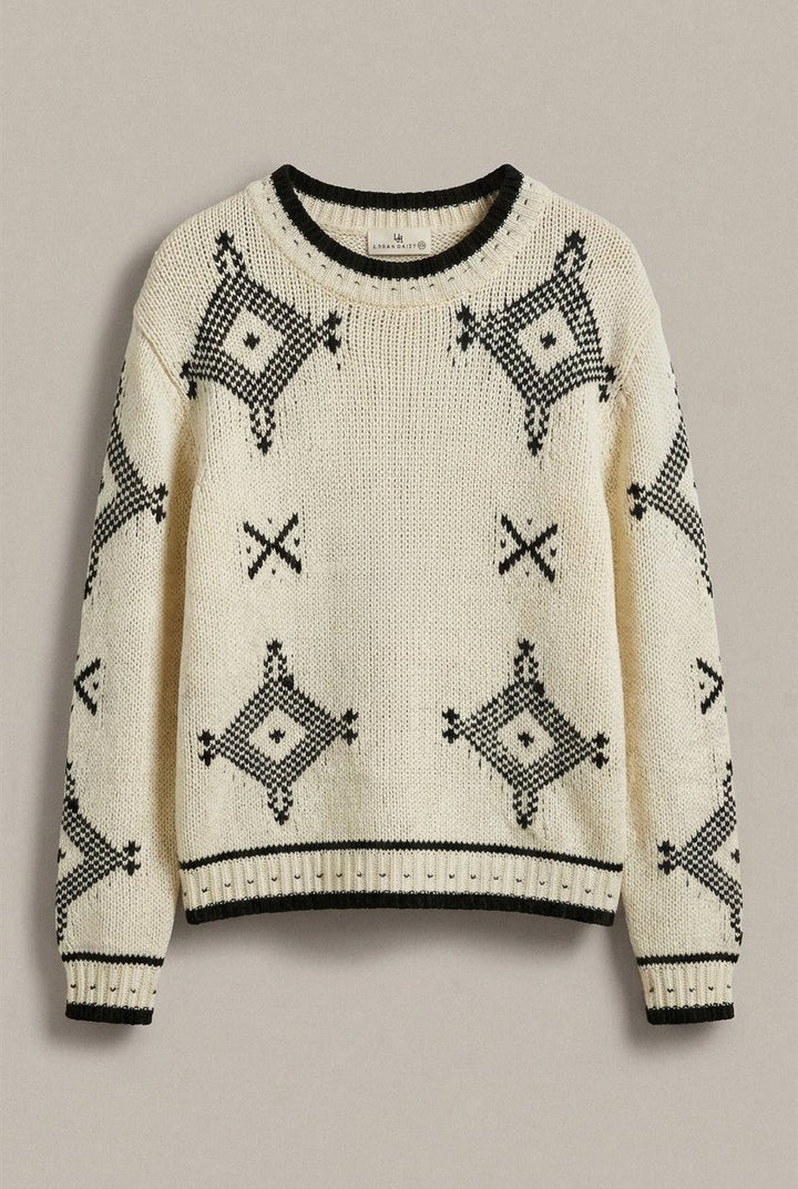 Geometric Diamond Pattern Chunky Knit Crewneck Sweater in Ivory - Women's Wholesale Sweaters | Trend Notes