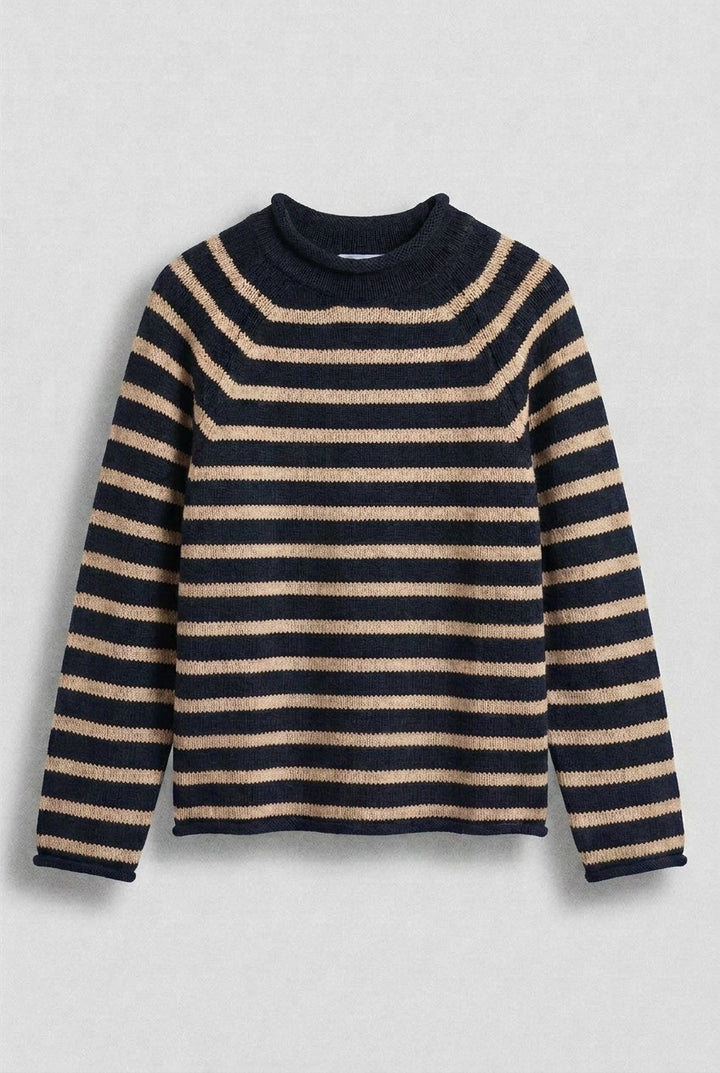 Striped Mock Neck Cotton Sweater in Black Camel - Women's Wholesale Sweaters | Trend Notes