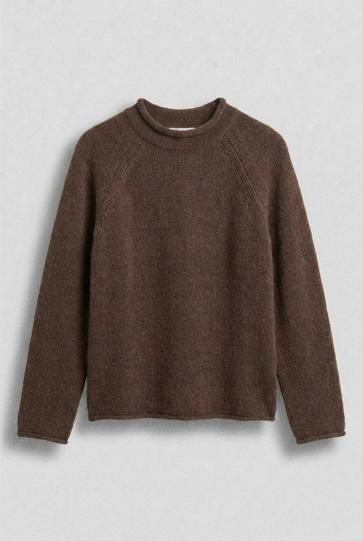 Striped Mock Neck Cotton Sweater in Brown - Women's Wholesale Sweaters | Trend Notes