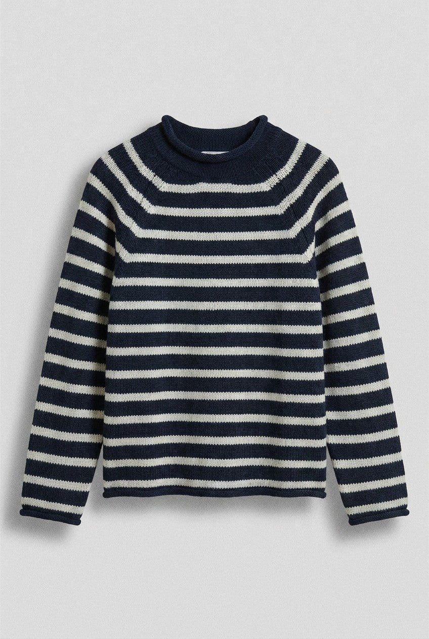 Striped Mock Neck Cotton Sweater in Ivory Navy - Women's Wholesale Sweaters | Trend Notes