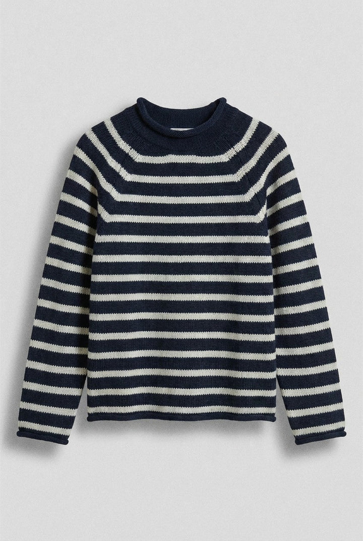 Striped Mock Neck Cotton Sweater in Ivory Navy - Women's Wholesale Sweaters | Trend Notes