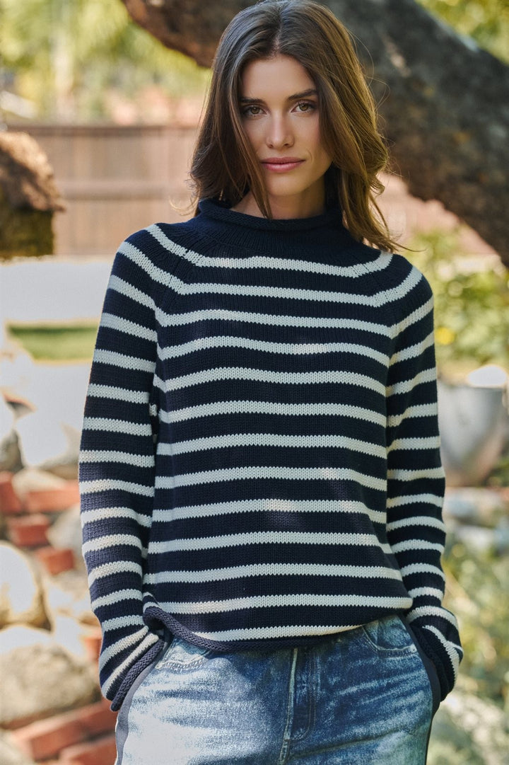 Striped Mock Neck Cotton Sweater in Ivory Navy - Women's Wholesale Sweaters | Trend Notes