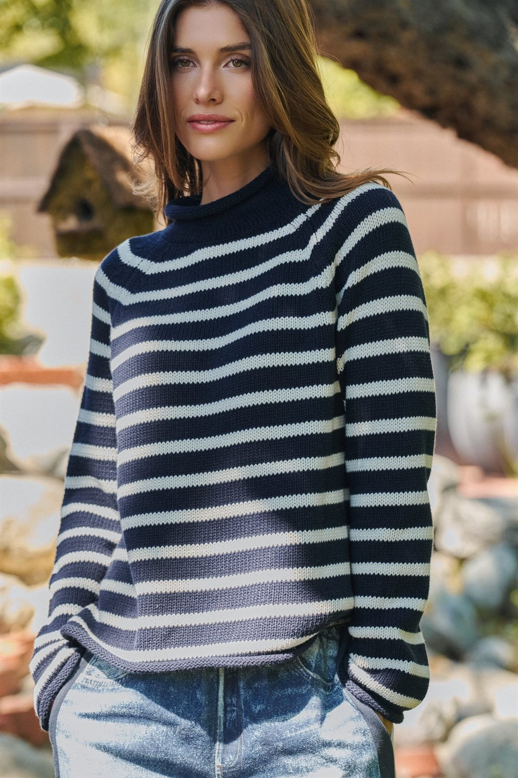 Striped Mock Neck Cotton Sweater in Ivory Navy - Women's Wholesale Sweaters | Trend Notes