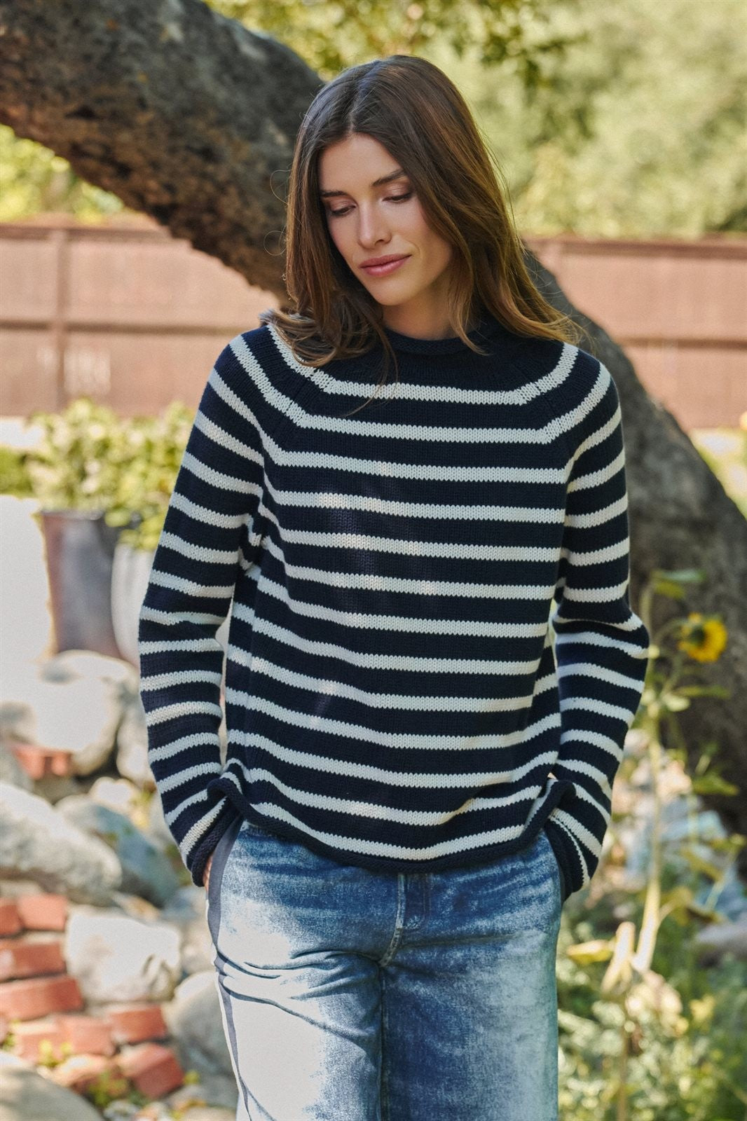 Striped Mock Neck Cotton Sweater in Ivory Navy - Women's Wholesale Sweaters | Trend Notes