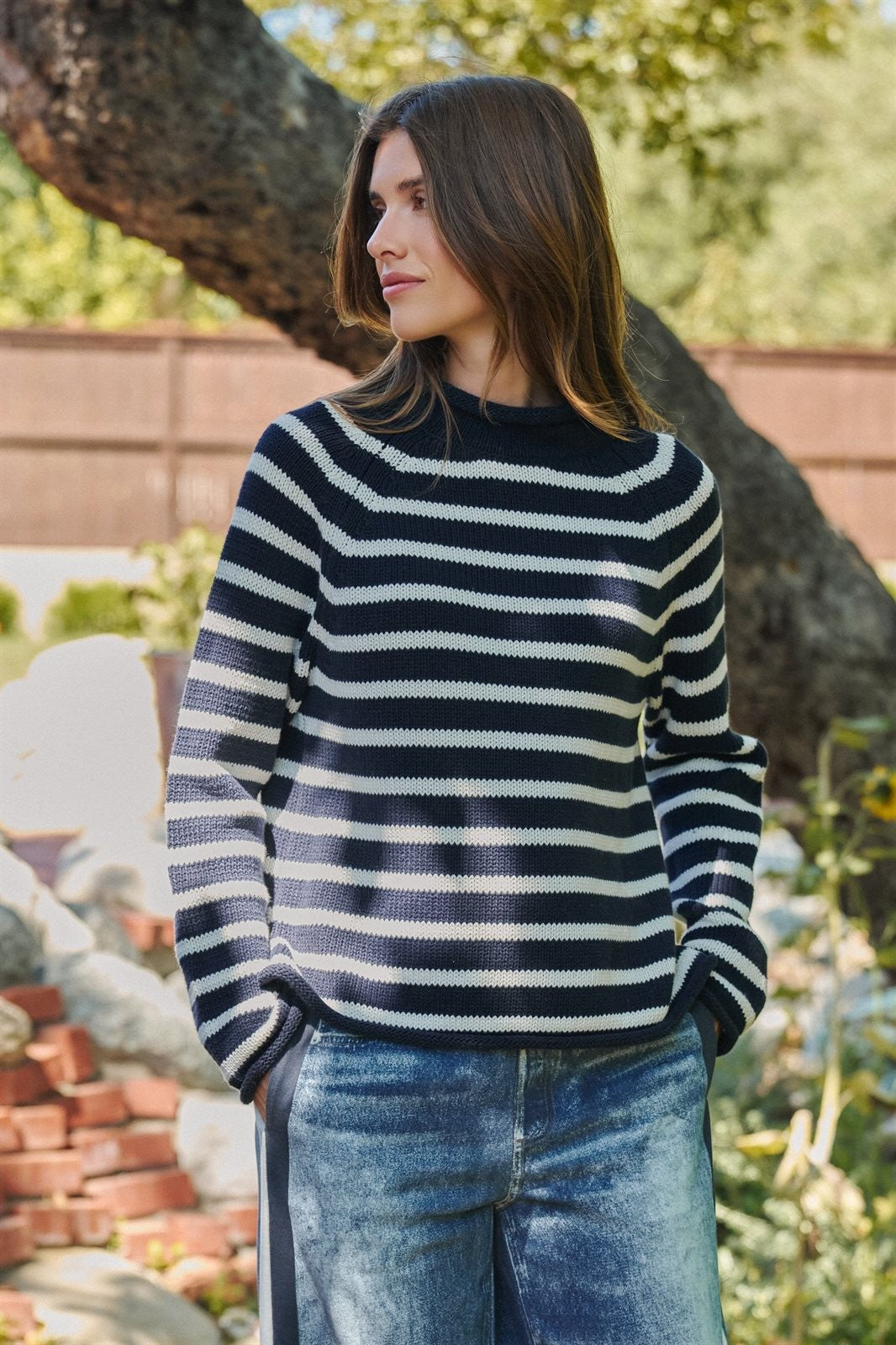 Striped Mock Neck Cotton Sweater in Ivory Navy - Women's Wholesale Sweaters | Trend Notes
