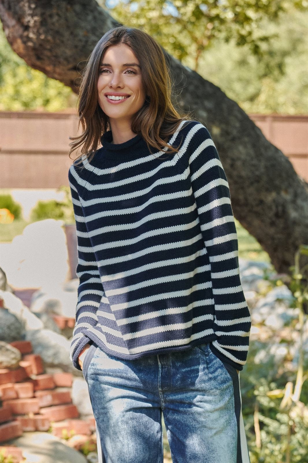 Striped Mock Neck Cotton Sweater in Ivory Navy - Women's Wholesale Sweaters | Trend Notes