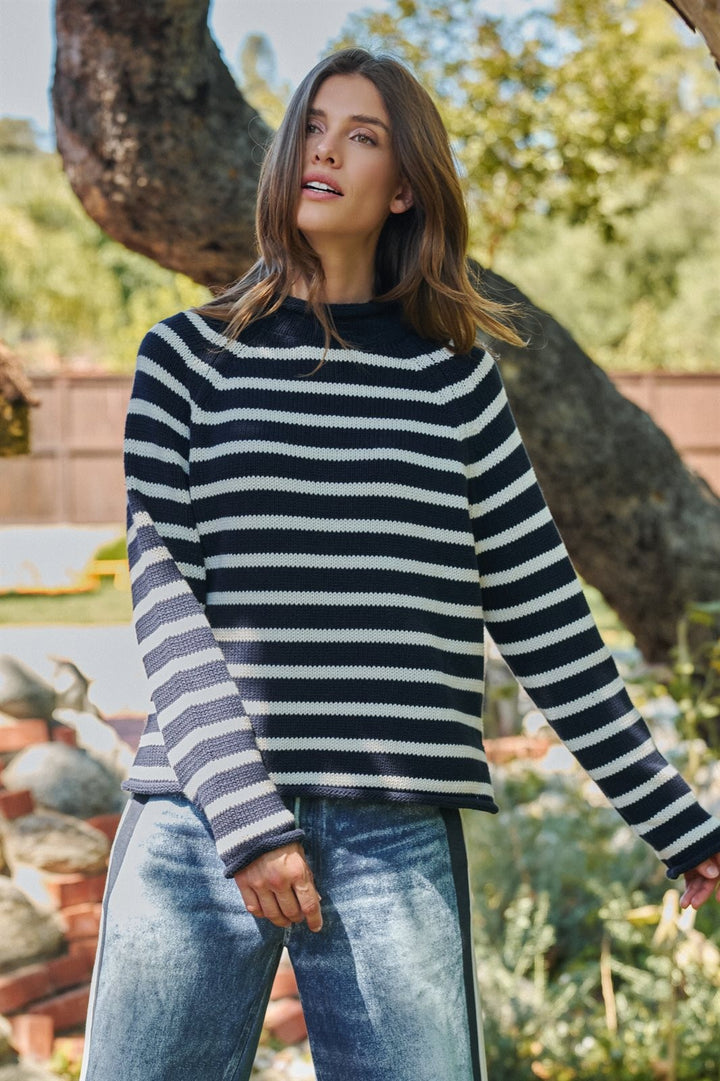 Striped Mock Neck Cotton Sweater in Ivory Navy - Women's Wholesale Sweaters | Trend Notes
