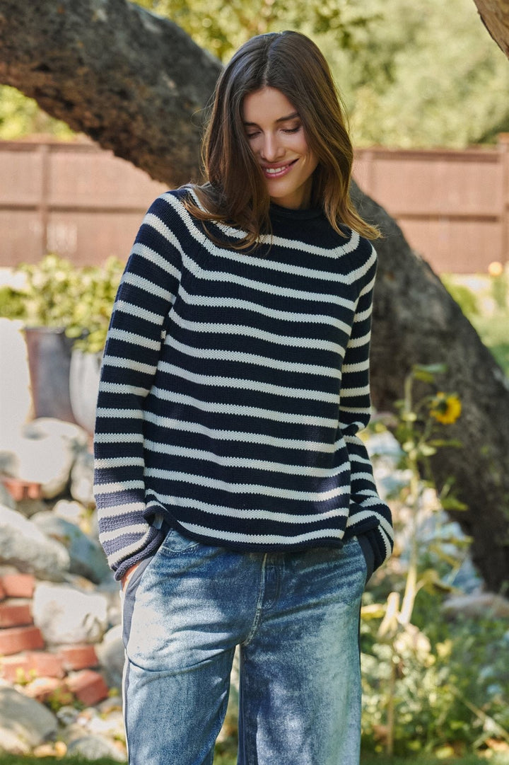 Striped Mock Neck Cotton Sweater in Ivory Navy - Women's Wholesale Sweaters | Trend Notes