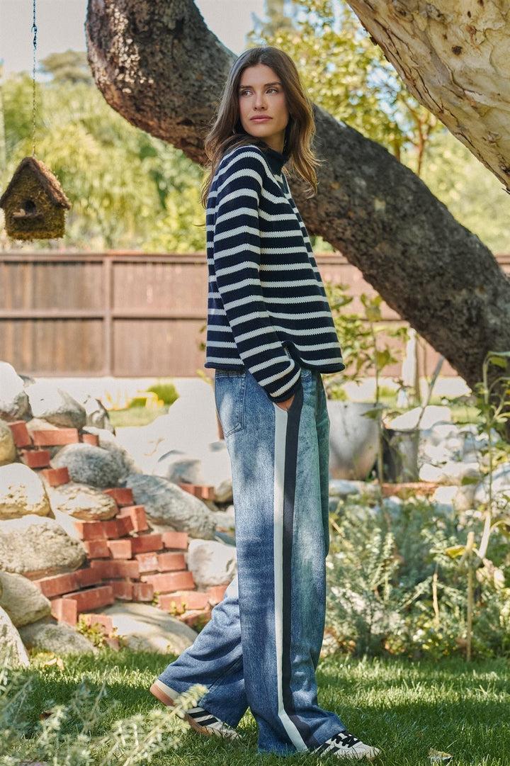 Striped Mock Neck Cotton Sweater in Ivory Navy - Women's Wholesale Sweaters | Trend Notes