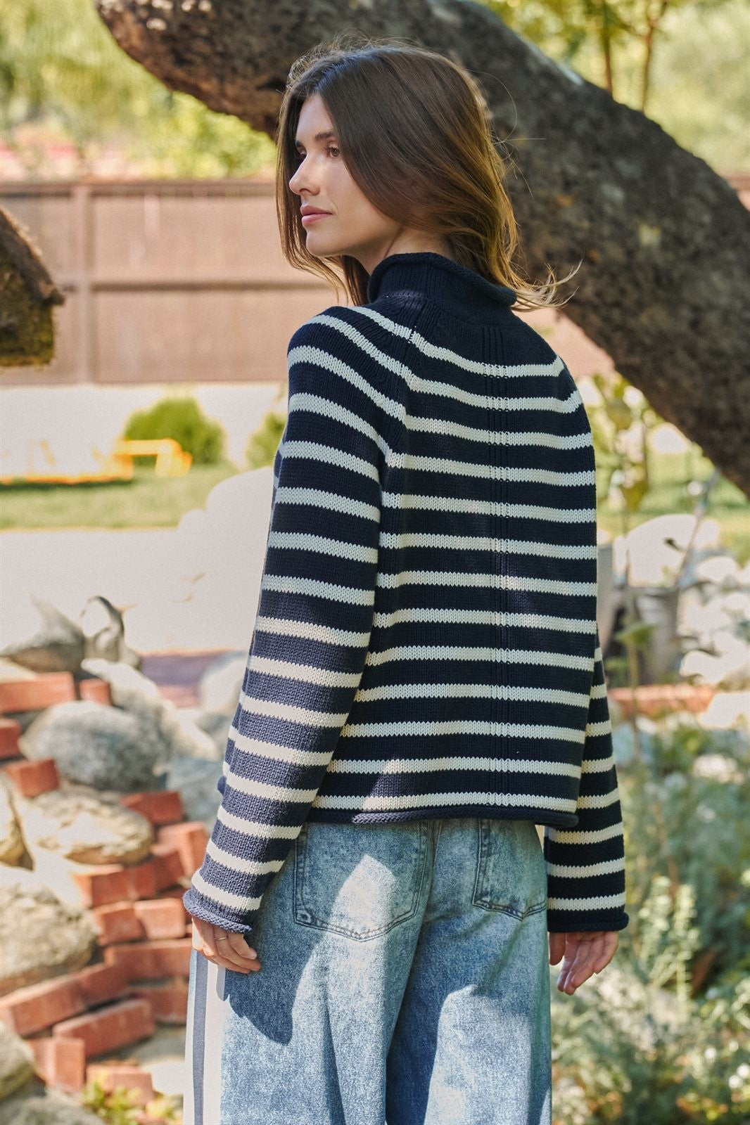 Striped Mock Neck Cotton Sweater in Ivory Navy - Women's Wholesale Sweaters | Trend Notes