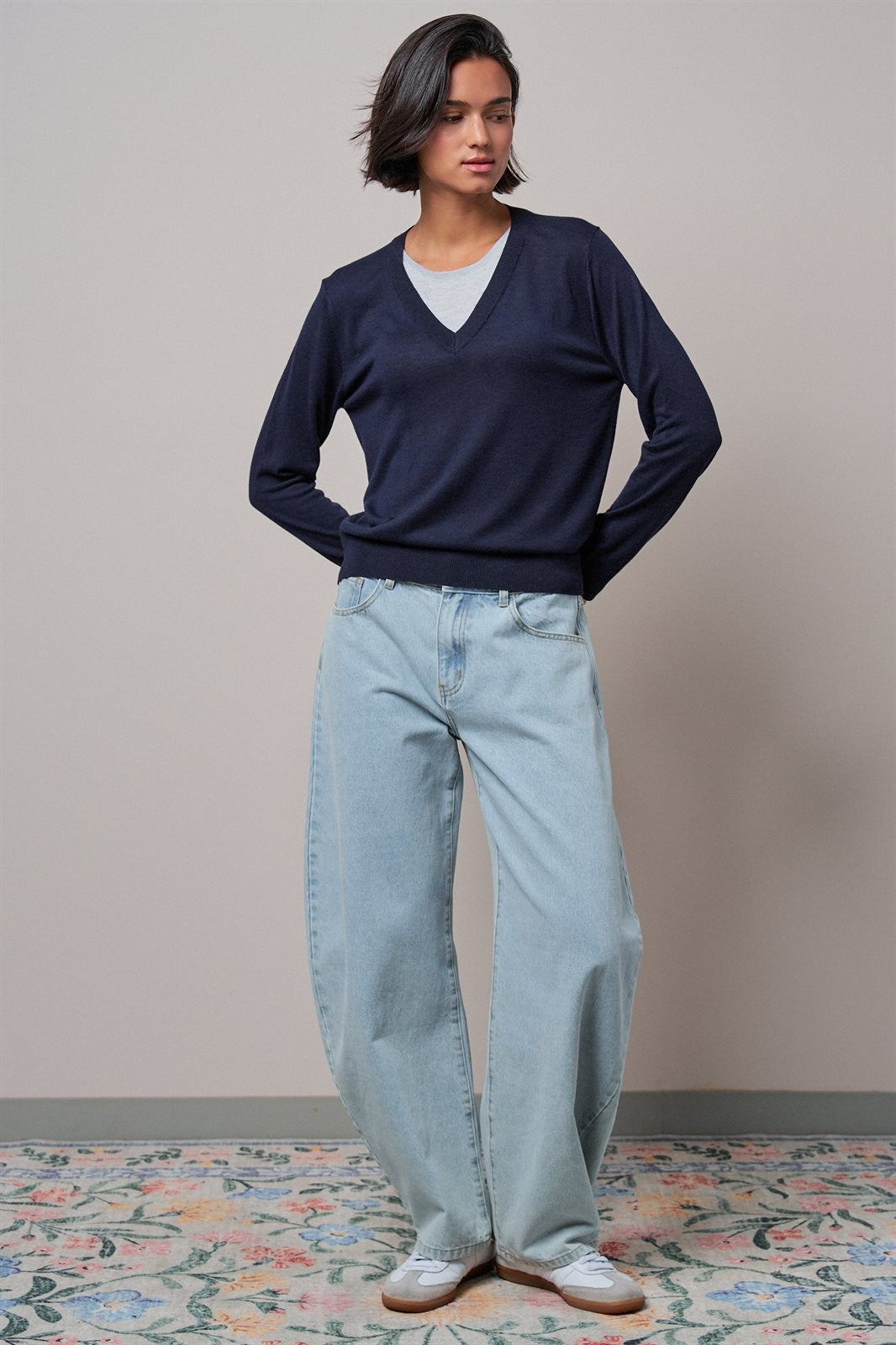 Layered Look V Neck Twofer Sweater in Navy - Women's Wholesale Sweaters | Trend Notes