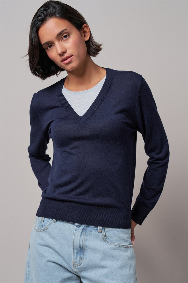 Layered Look V Neck Twofer Sweater in Navy - Women's Wholesale Sweaters | Trend Notes