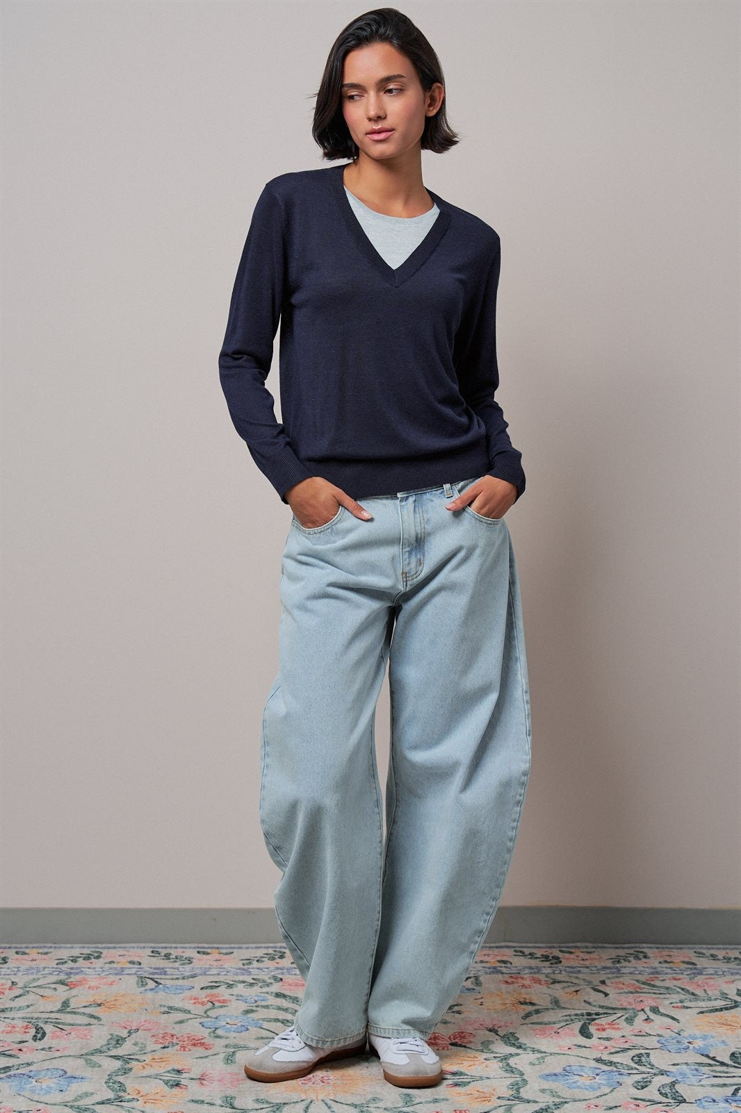 Layered Look V Neck Twofer Sweater in Navy - Women's Wholesale Sweaters | Trend Notes
