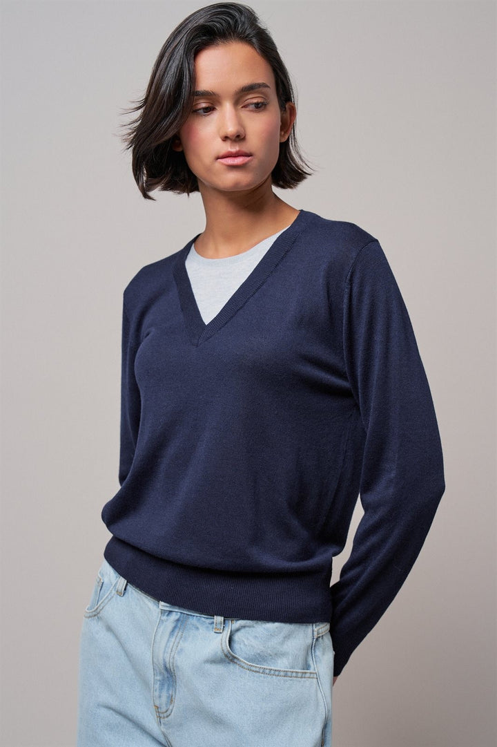 Layered Look V Neck Twofer Sweater in Navy - Women's Wholesale Sweaters | Trend Notes