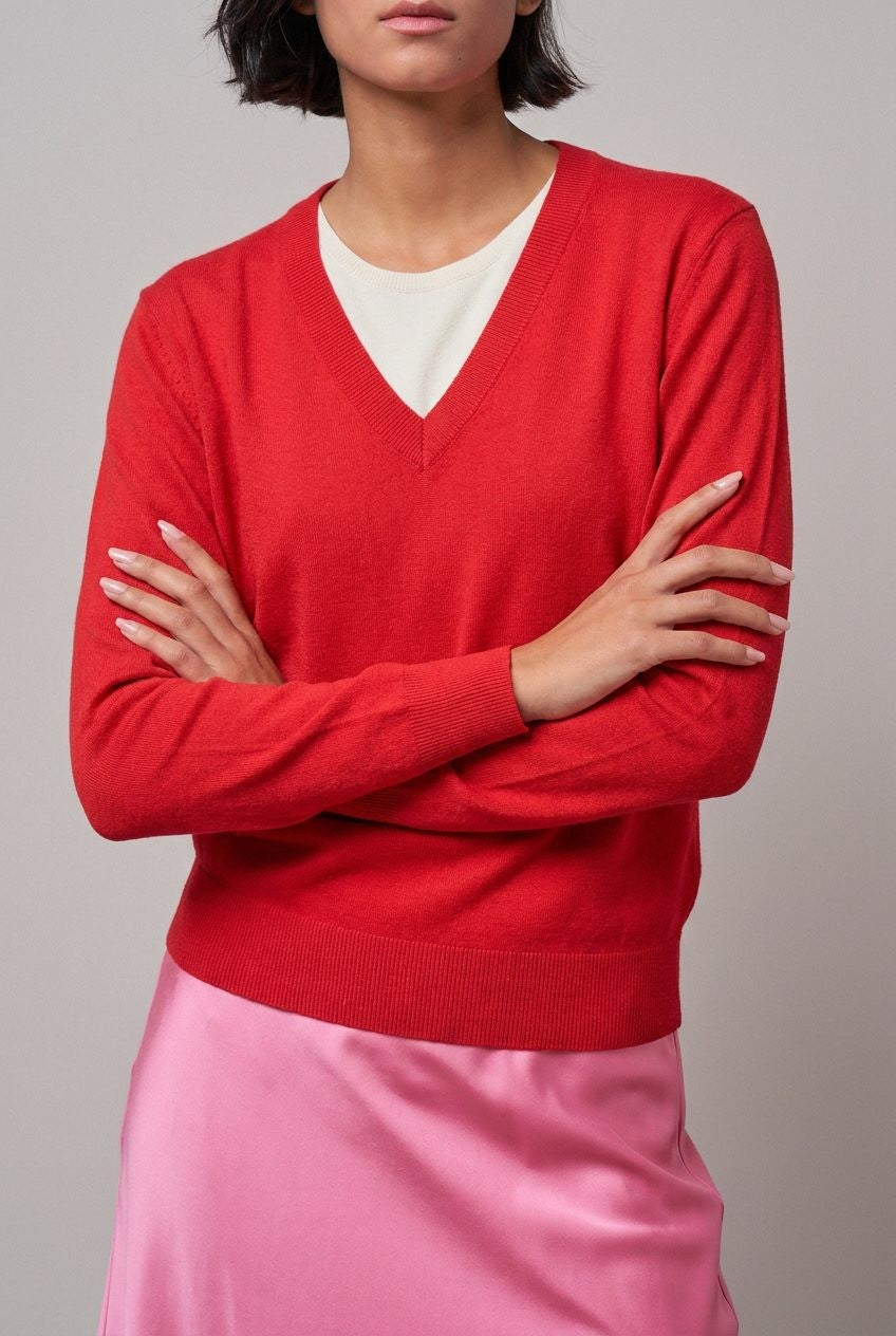 Layered Look V Neck Twofer Sweater in Red - Women's Wholesale Sweaters | Trend Notes