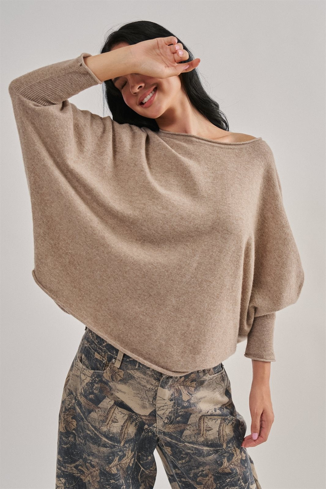 Boho Dolman Sleeve Boat Neck Slouchy Knit Top in Mocha - Women's Wholesale Sweaters | Trend Notes