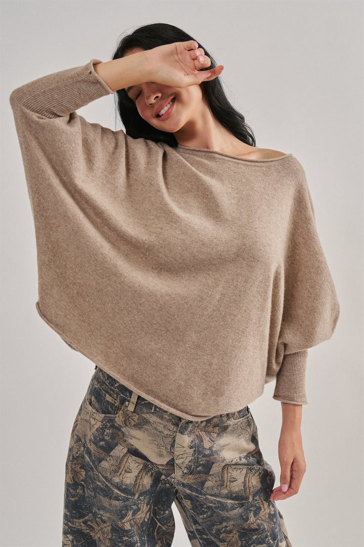 Boho Dolman Sleeve Boat Neck Slouchy Knit Top in Mocha - Women's Wholesale Sweaters | Trend Notes